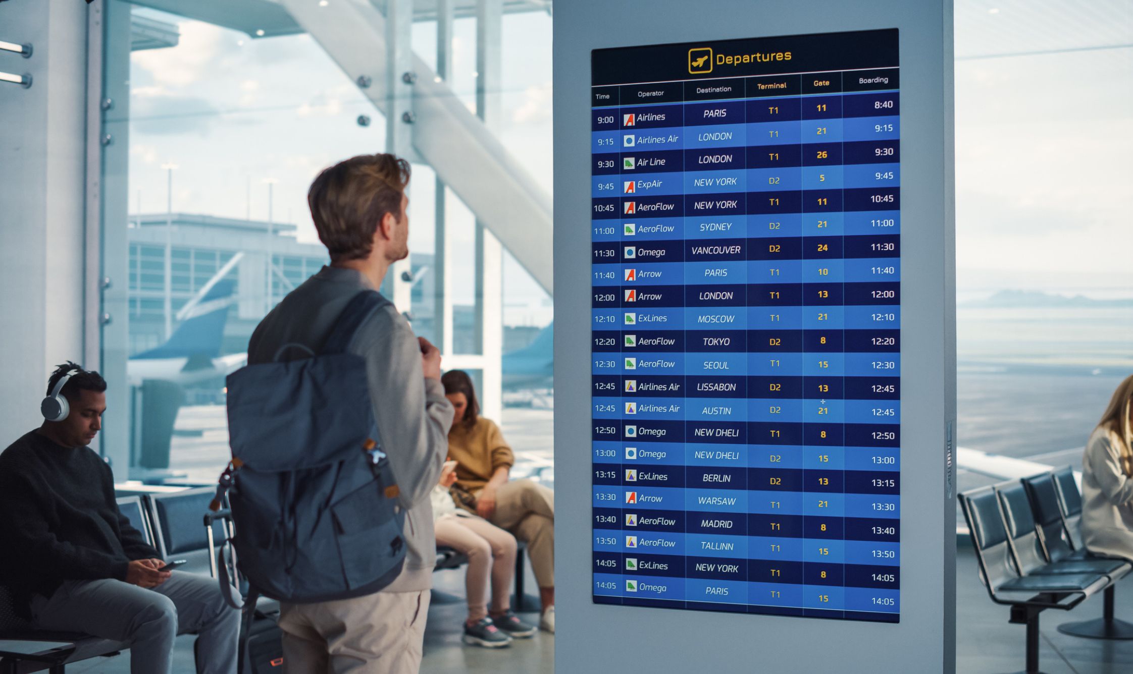 Man looking at live flight times at airport